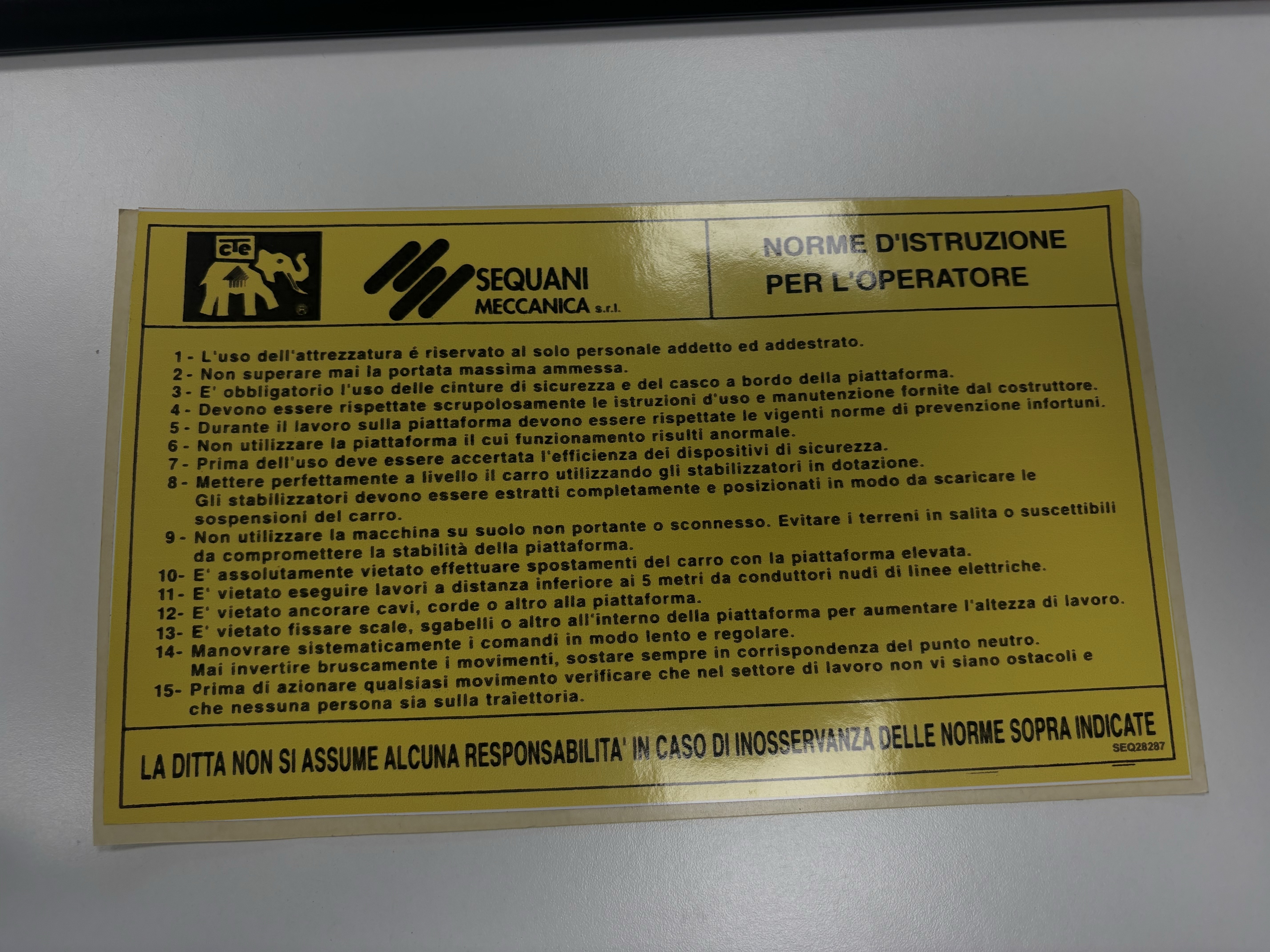 Adesivo norme istruzioni Z20E (ex 28287) - codice SQR29914