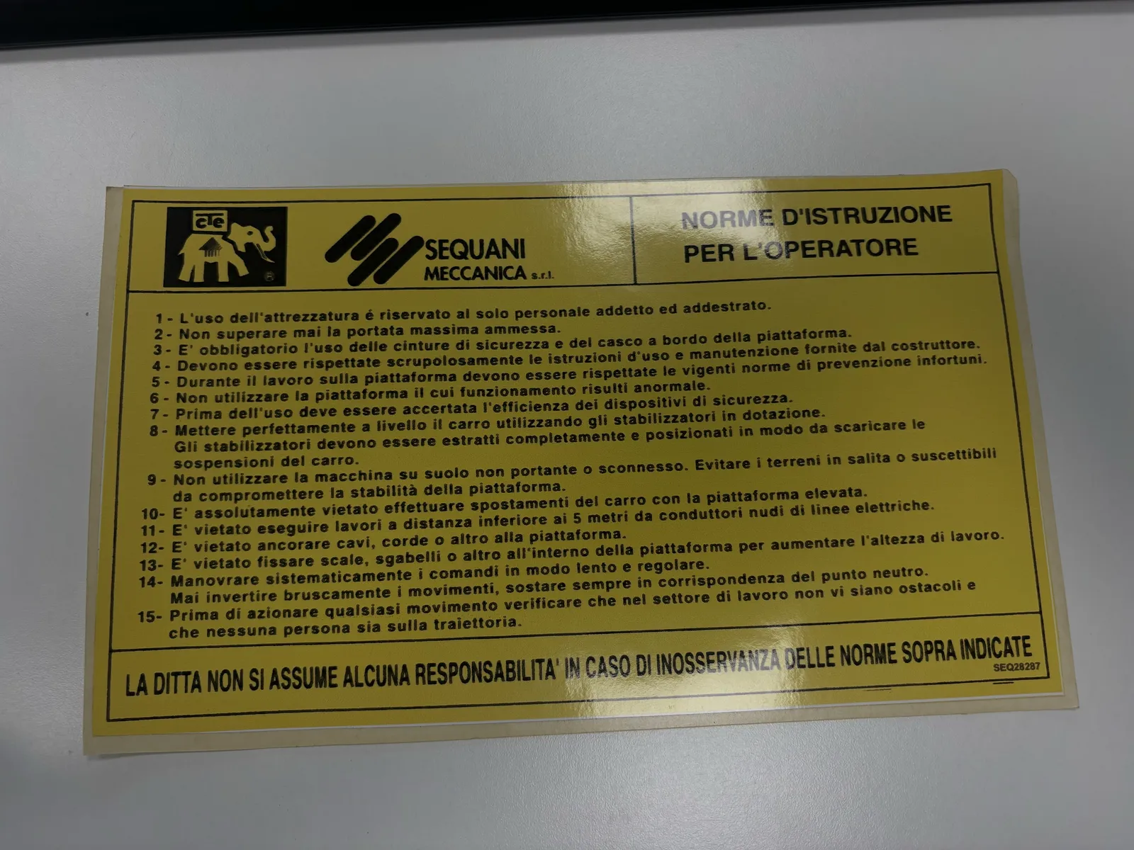 Adesivo norme istruzioni Z20E (ex 28287) - codice 07-SQR29914