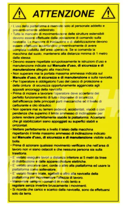 adesivo sicurezza per cesta ragno Hinowa/JLG - codice 100-06555300