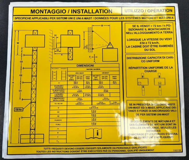 ADESIVO CON INDICAZIONI PER INSTALLAZIONE 500 Z-ZP (italiano) - codice 1183156
